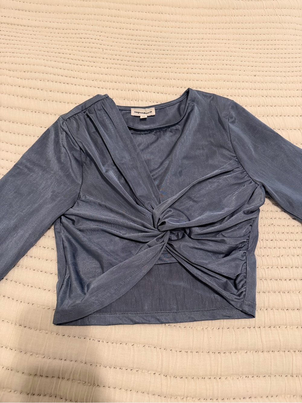 superdown Shimmery Twist-Front Long Sleeve Top - Dusty Blue